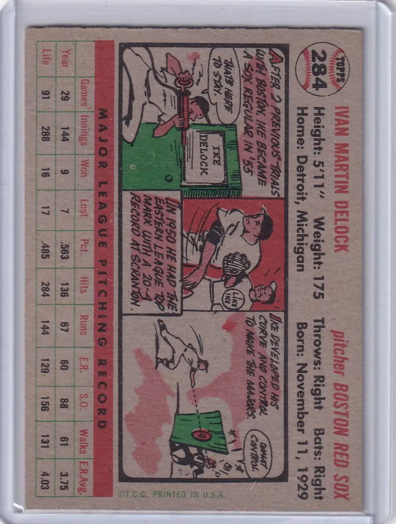 Vintage 1956 Topps Ike Delock Boston Red Sox baseball card with pitching record