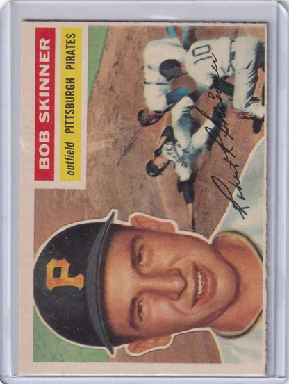 Signed Bob Skinner baseball card featuring the 1956 Topps #297 and Pittsburgh Pirates logo