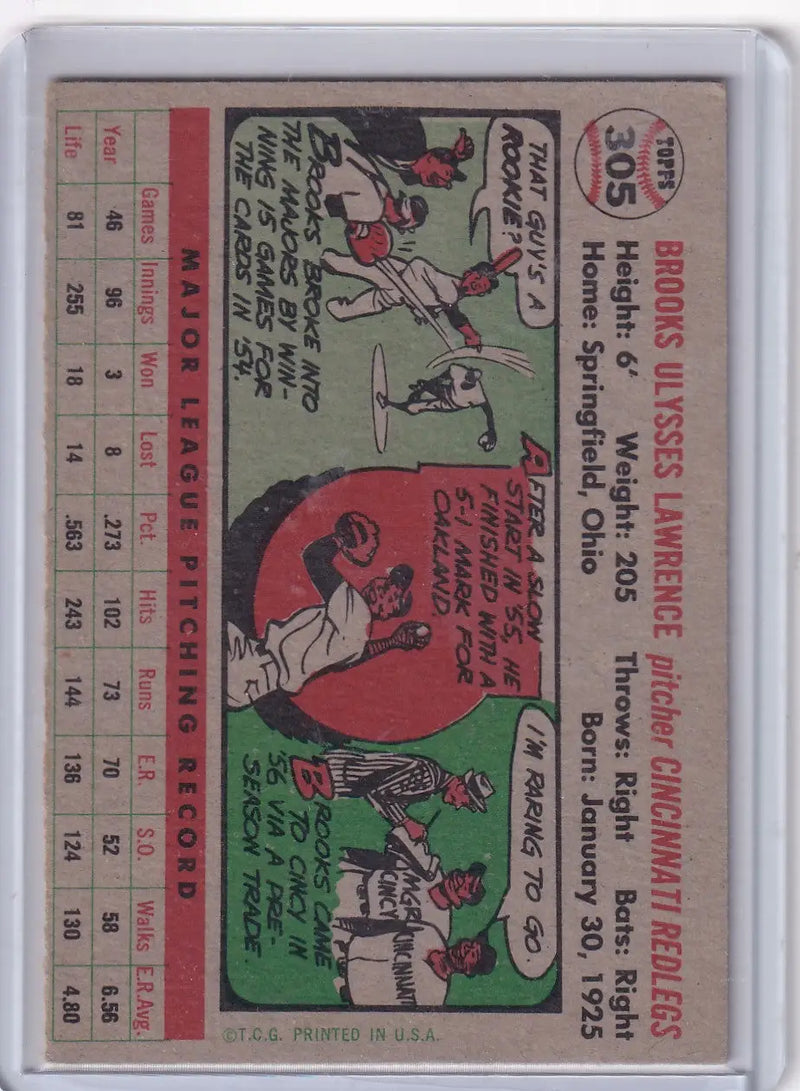 Vintage baseball card of Brooks Lawrence Cincinnati Reds 1956 Topps #305