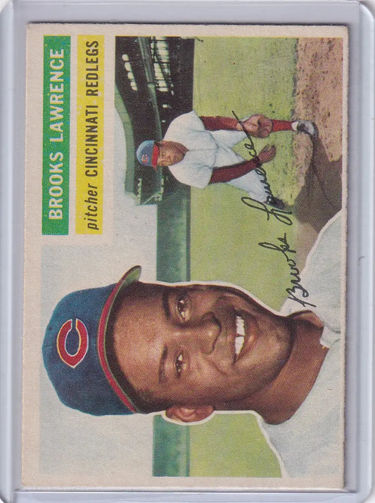 Vintage 1956 Topps Brooks Lawrence Cincinnati Reds baseball card featuring pitcher