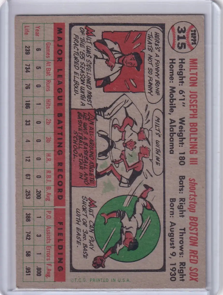Vintage baseball trading card of Milt Bolling from Boston Red Sox 1956 Topps series