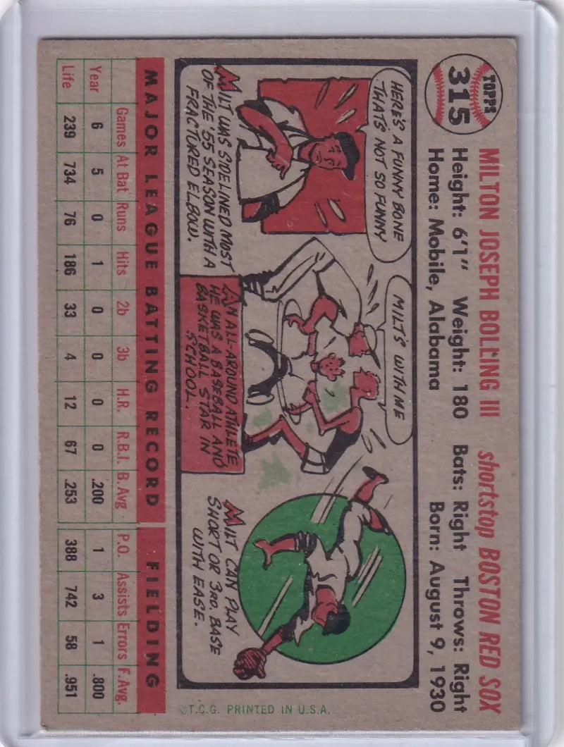 Vintage baseball trading card of Milt Bolling from Boston Red Sox 1956 Topps series