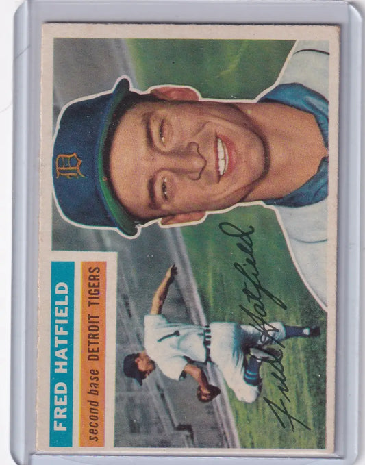 Vintage 1956 Topps Fred Hatfield Detroit Tigers baseball card featuring second baseman