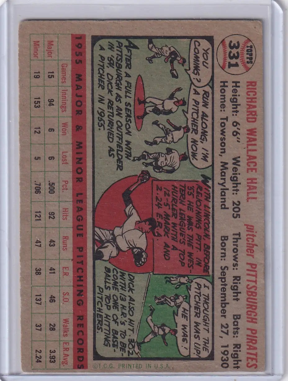 Vintage 1956 Topps #331 Dick Hall - Pittsburgh Pirates trading card with comic-style art