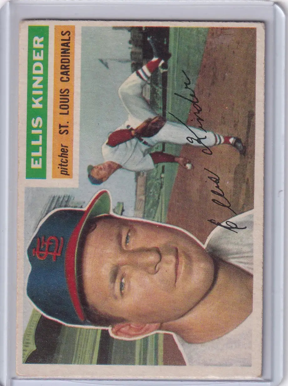 Vintage 1956 Topps Ellis Kinder St. Louis Cardinals baseball card with portrait and pitching action