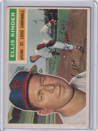 Vintage 1956 Topps Ellis Kinder St. Louis Cardinals baseball card with portrait and pitching action