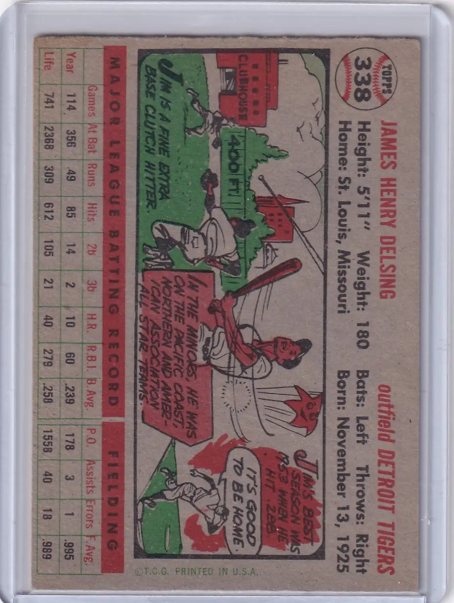 Vintage 1956 Topps Jim Delsing Detroit Tigers baseball card with career stats and cartoon illustration