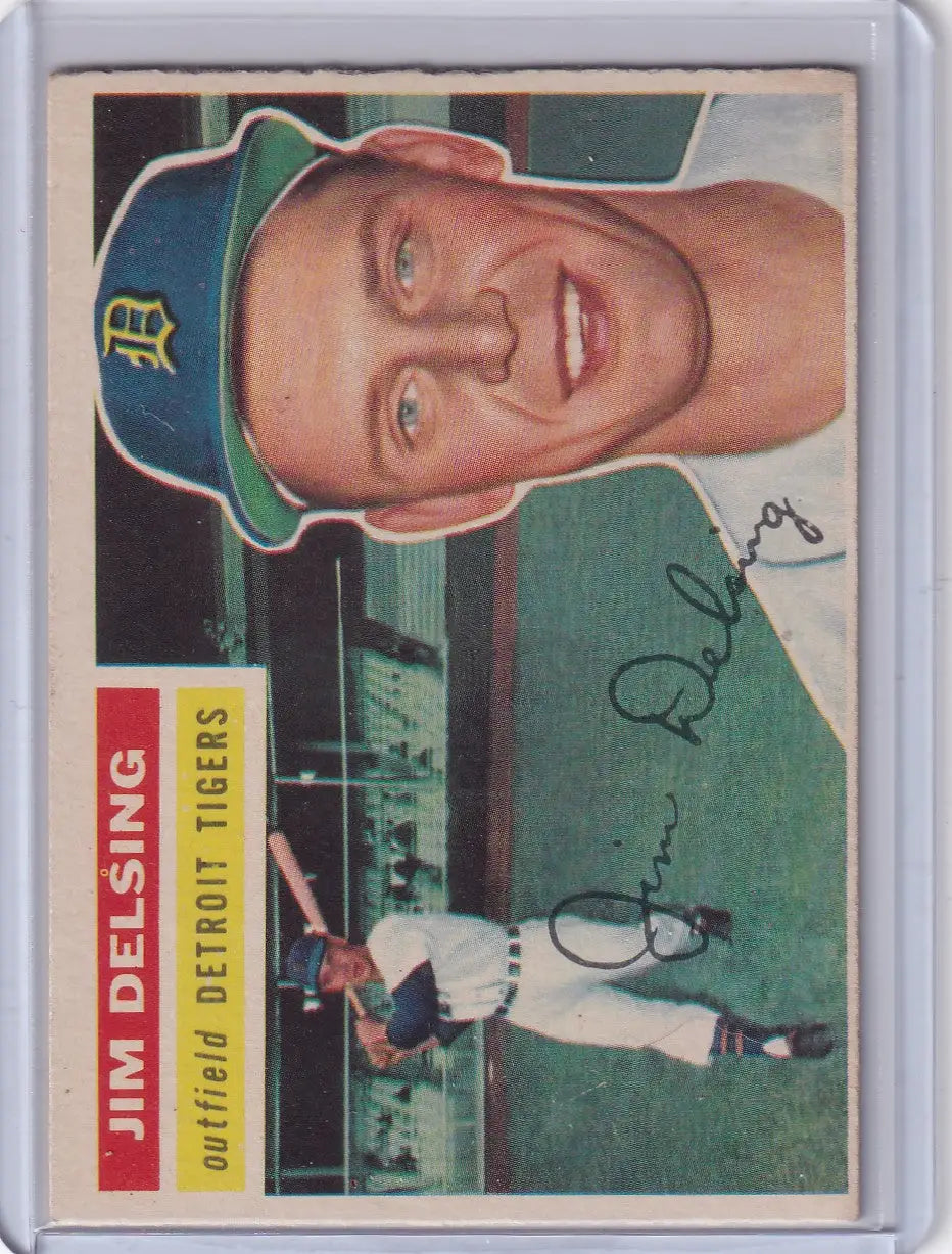 Vintage 1956 Topps Jim Delsing Detroit Tigers baseball card with portrait and action shot