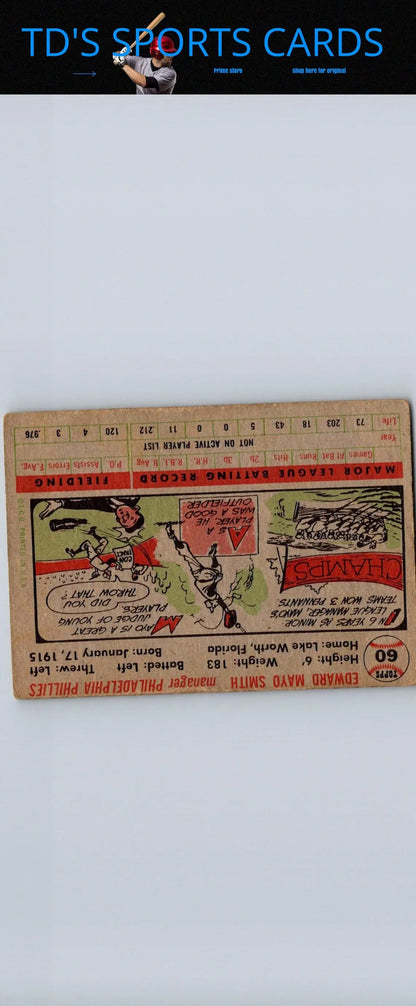 Vintage baseball card of 1956 Topps #60a Mayo Smith White Back for collectors