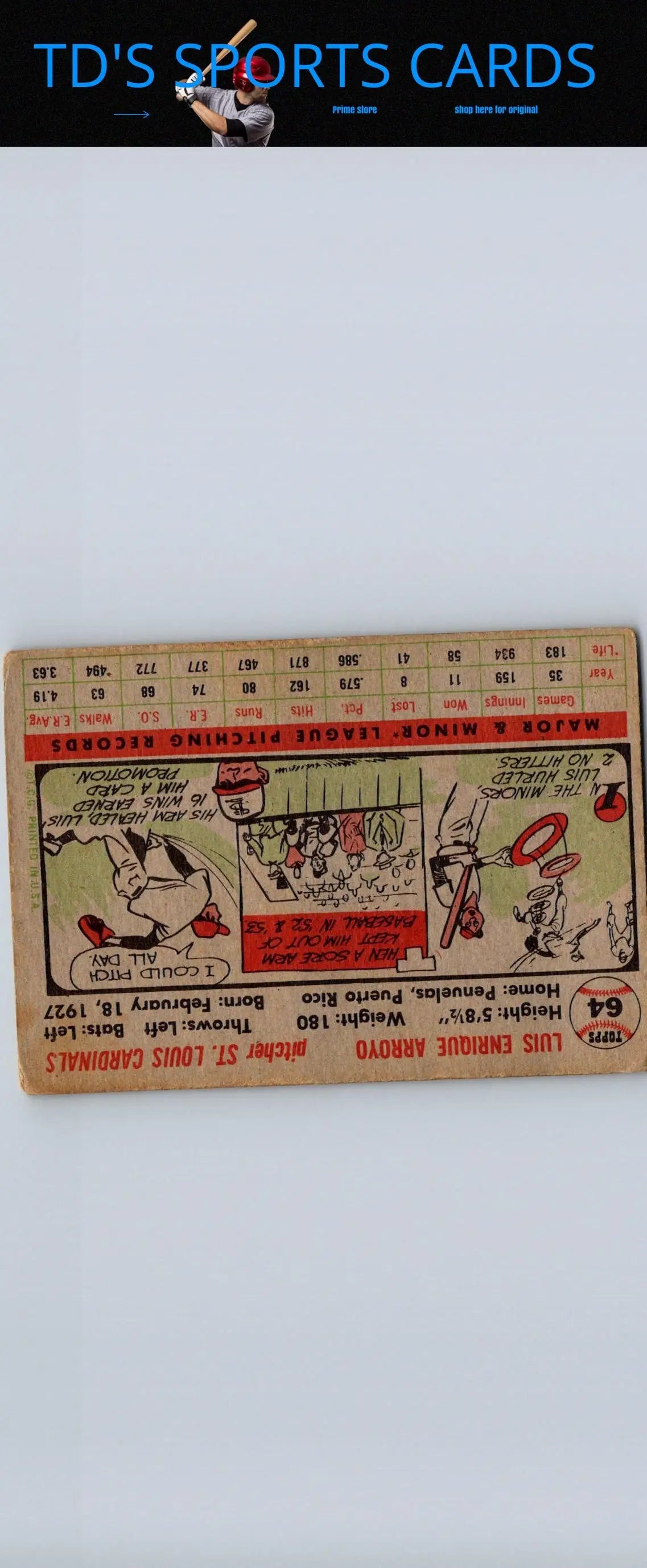 Vintage 1956 Topps #64a Luis Arroyo White Back baseball card for collectors