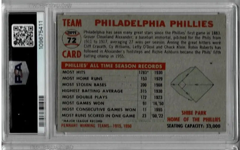 1956 Topps Baseball #72 Philadelphia Phillies Team Centered PSA 4 VG-EX - Baseball Card Single