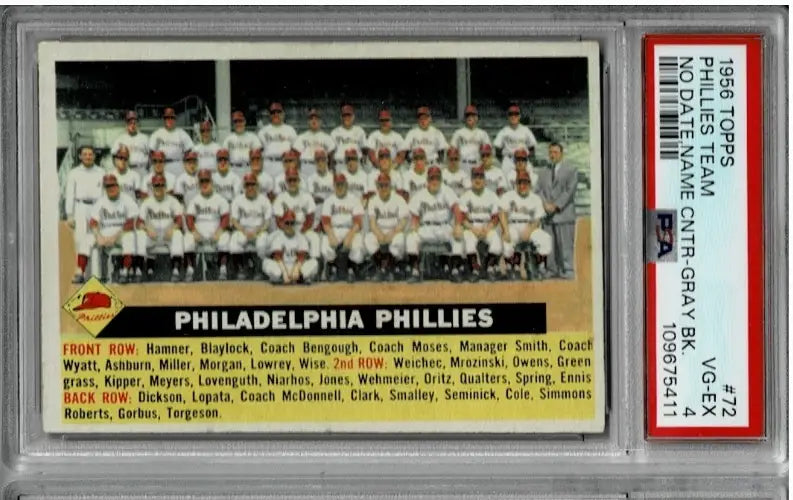 1956 Topps Baseball #72 Philadelphia Phillies Team Centered PSA 4 VG-EX - Baseball Card Single