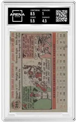 Vintage 1956 Topps Bob Porterfield Arena Club baseball card with player stats and illustration