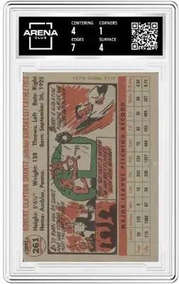 Graded vintage 1956 Topps Bobby Shantz baseball card with numerical assessment and arena club grade