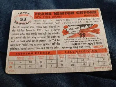 1956 Topps - Frank Gifford #53. NY Giants. Creased but nice. VG - Football Card Single