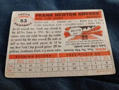 1956 Topps - Frank Gifford #53. NY Giants. Creased but nice. VG - Football Card Single