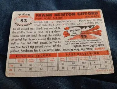 1956 Topps - Frank Gifford #53. NY Giants. Creased but nice. VG - Football Card Single