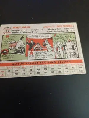 1956 Topps - Harvey Haddix #77 Gray Back. SL Cardinals. EX - Baseball Card Single