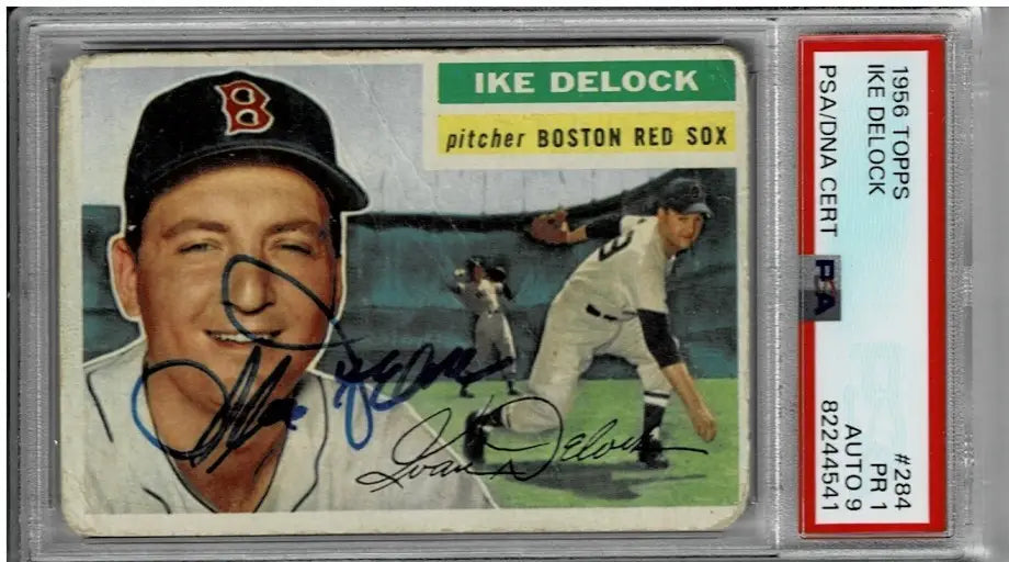 Autographed 1956 Topps Ike Delock baseball card graded PSA/DNA, a rare Major League Baseball collectible