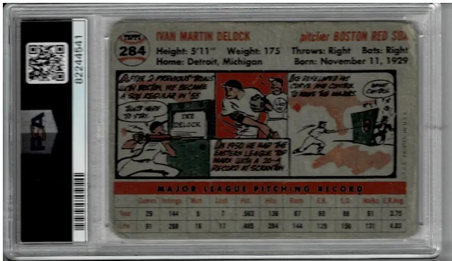 Vintage Topps Ike Delock baseball card of pitcher in protective slab, signed and graded