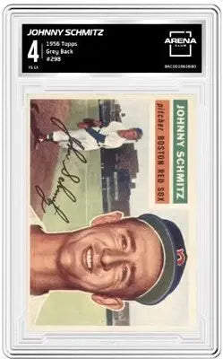 Graded 1956 Topps Johnny Schmitz #298 Grey Back baseball card from Topps Johnny series