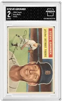 Graded vintage 1956 Topps Steve Gromek baseball card with grey back in Arena Club style
