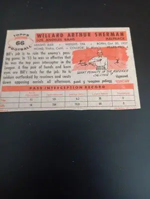 1956 Topps - Will Sherman #66 (RC). LA Rams. EX+ - NRMT - Football Card Single