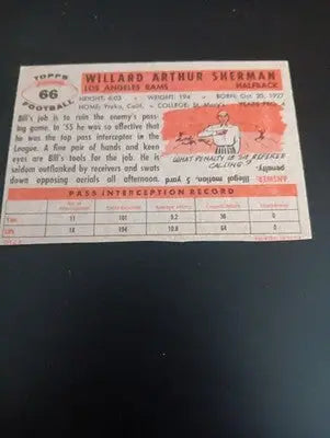 1956 Topps - Will Sherman #66 (RC). LA Rams. EX+ - NRMT - Football Card Single