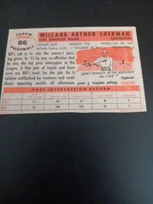 1956 Topps - Will Sherman #66 (RC). LA Rams. EX+ - NRMT - Football Card Single