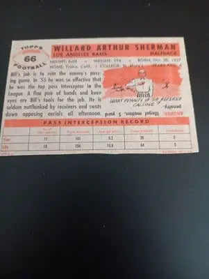1956 Topps - Will Sherman #66 (RC). LA Rams. EX+ - NRMT - Football Card Single