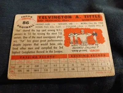 1956 Topps - Y.A. Tittle #86. San Francisco 49ers. Overall wear. VG - VG+ - Football Card Single