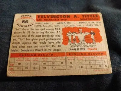 1956 Topps - Y.A. Tittle #86. San Francisco 49ers. Overall wear. VG - VG+ - Football Card Single