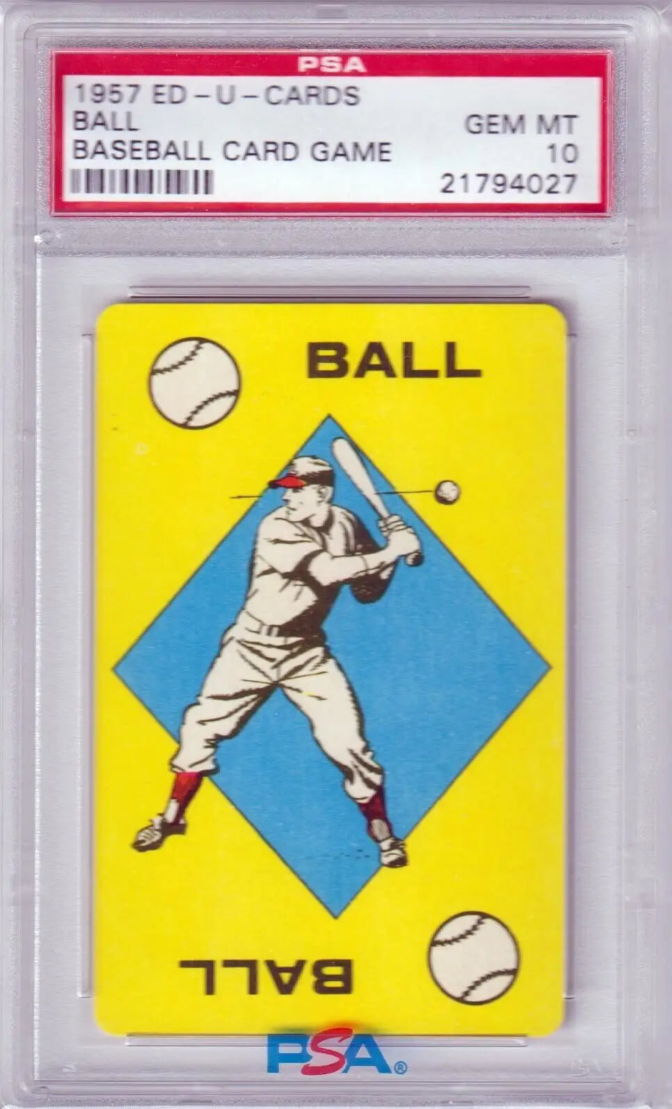 Graded vintage baseball card from Columbia Hobby showcasing gem mint 1957 Ed-U-Cards game