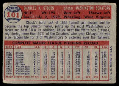 Vintage baseball card back of 1957 Topps #101 Chuck Stobbs, Washington Senators collector item