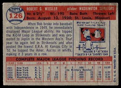 Vintage baseball card back of 1957 Topps #126 Bob Wiesler, Washington Senators player