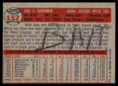 Vintage baseball card featuring Jack Harshman of the Chicago White Sox, 1957 Topps
