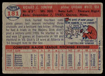 Vintage baseball card of Dick Donovan from the 1957 Topps series featuring Chicago White Sox