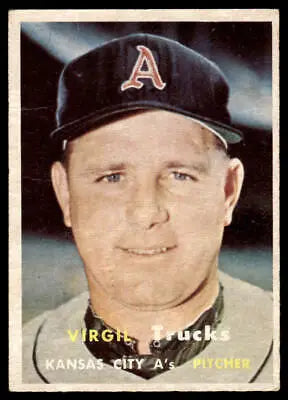 1957 Topps #187 Virgil Trucks baseball card featuring Kansas City Athletics star pitcher