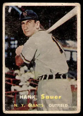 Vintage Hank Sauer baseball card from 1957 Topps featuring the York Giants