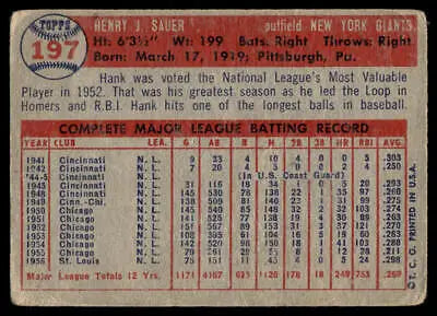 Vintage 1957 Topps #197 Hank Sauer baseball card featuring the York Giants player