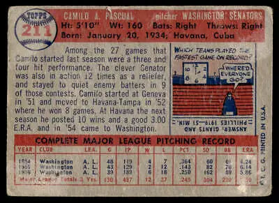 Vintage 1957 Topps Camilo Pascual baseball card featuring Washington Senators player