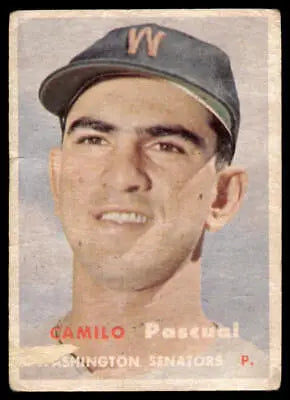 Vintage 1957 Topps #211 Camilo Pascual baseball card featuring Washington Senators player