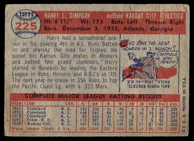 Vintage Harry Simpson baseball card from the 1957 Topps Kansas City Athletics series