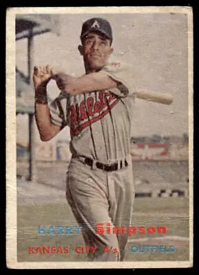 Vintage 1957 Topps #225 Harry Simpson baseball card featuring Kansas City Athletics player