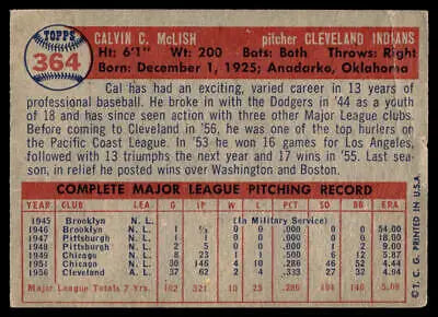 Vintage 1957 Topps #364 Cal McLish baseball card back with stats and biography