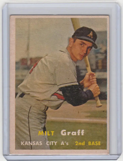 Vintage baseball card of Milt Graff, Kansas City Athletics player in batting stance