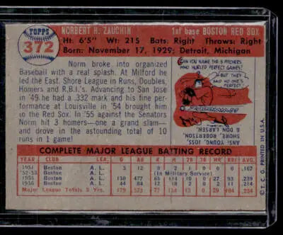 Vintage 1957 Topps Norm Zauchin baseball card back featuring Boston Red Sox details