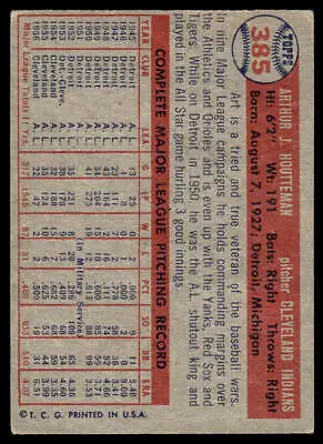 Vintage baseball card back of 1957 Topps #385 Art Houtteman baseball collectible
