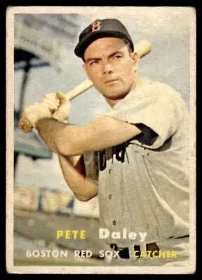 Vintage baseball card of Pete Daley from the 1957 Topps set featuring the Boston Red Sox
