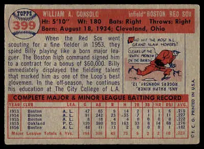 Vintage baseball card back of 1957 Topps #399 Billy Consolo, Boston Red Sox collectible